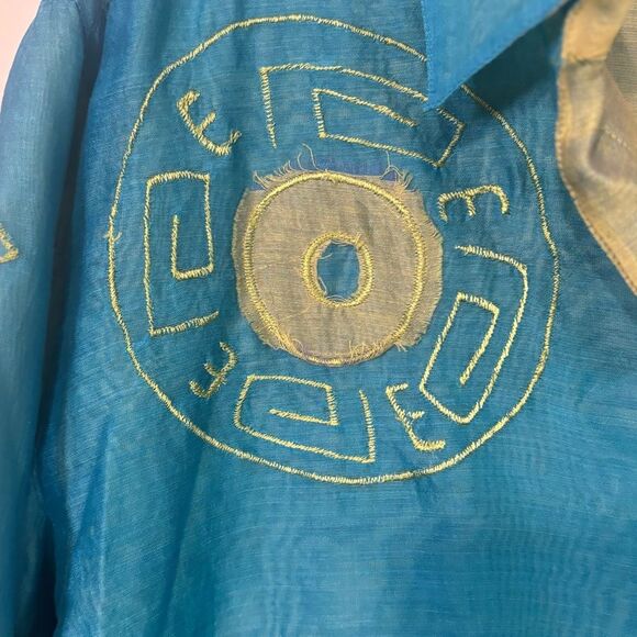 Chico's Teal Blue Button-Down Cotton Linen Blouse Geometric Applique Embroidery - Picture 4 of 6